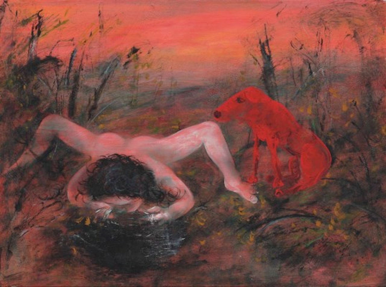 Woman drinking from a stream, with red dog by Arthur Merric Bloomfield Boyd