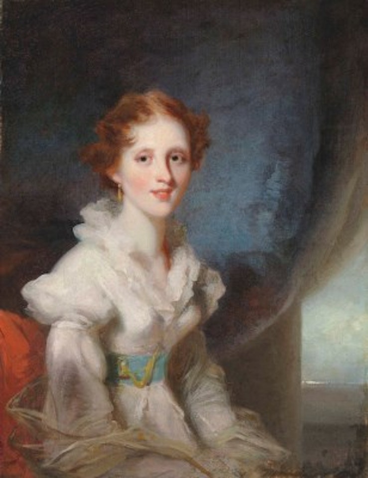 Portrait of a lady, seated half length, wearing a blue sash by George Chinnery
