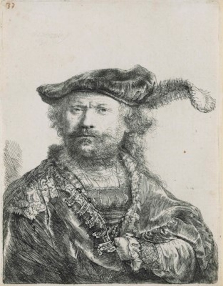 Self-Portrait in a Velvet Cap with Plume by Attributed to Rembrandt Harmensz van Rijn