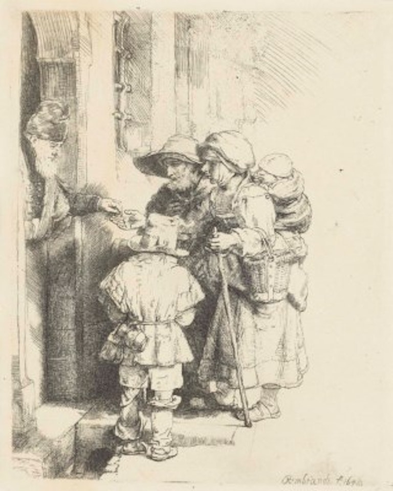 Beggars receiving alms at a door by Attributed to Rembrandt Harmensz van Rijn