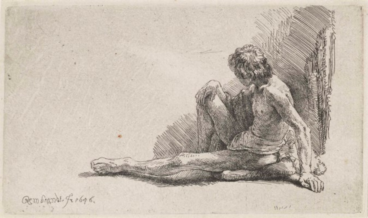 A nude Man seated on the Ground with one Leg extended by Attributed to Rembrandt Harmensz van Rijn