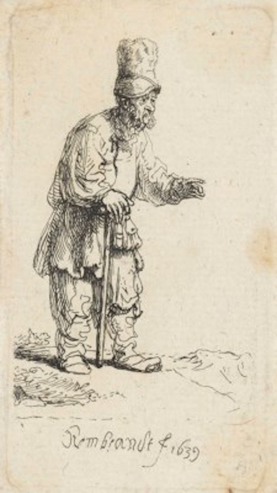 A Peasant in a high Cap, standing leaning on a Stick by Attributed to Rembrandt Harmensz van Rijn