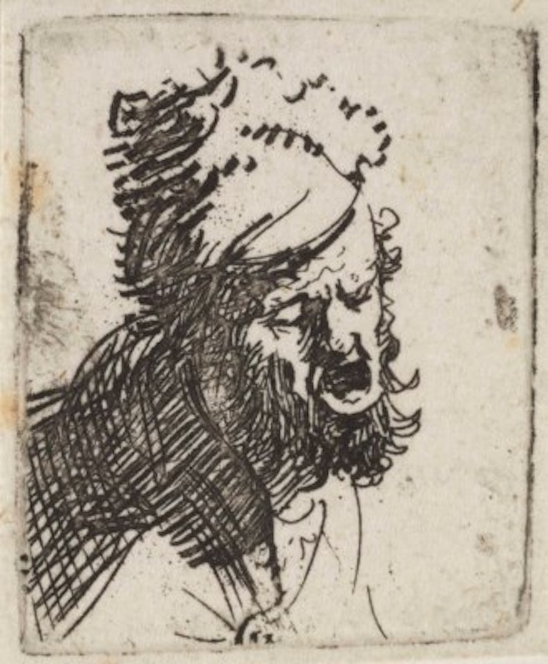 Head of a Man in a Fur Cap, crying out by Attributed to Rembrandt Harmensz van Rijn