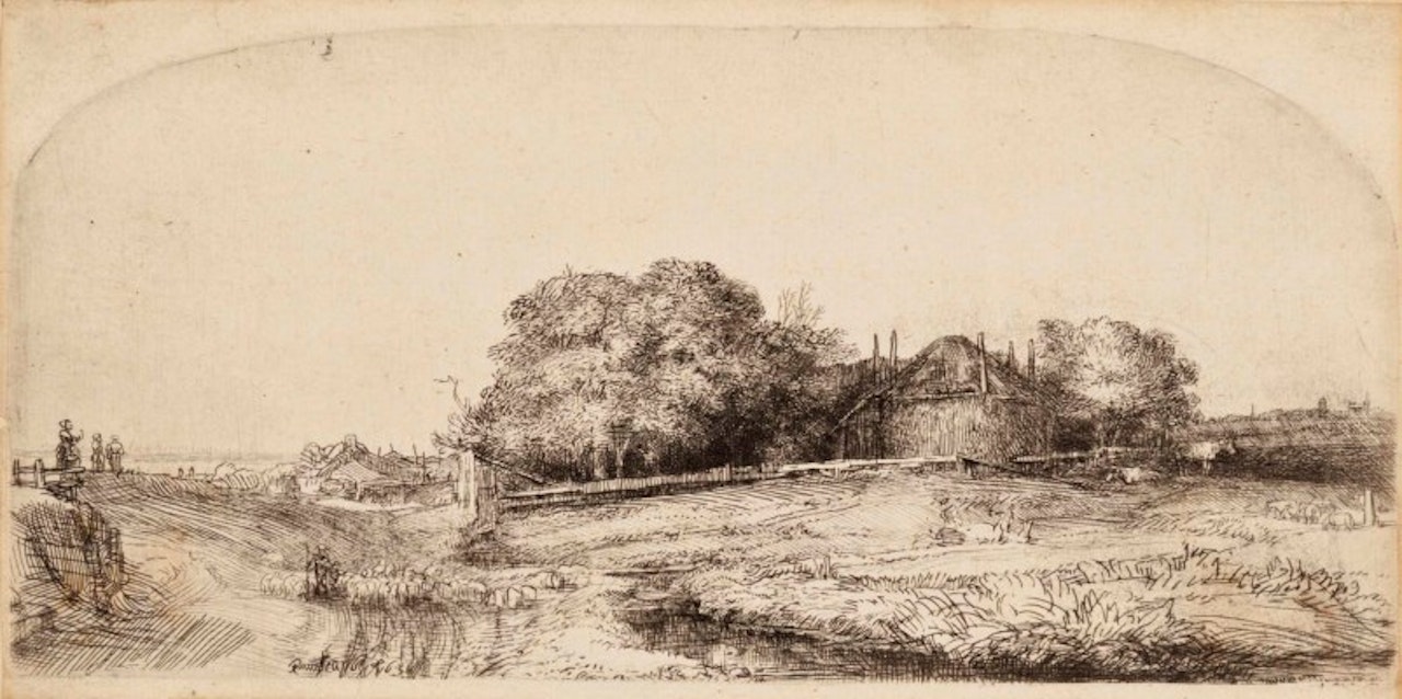 Landscape with a Hay Barn on the Diemerdijk with a Flock of Sheep by Attributed to Rembrandt Harmensz van Rijn