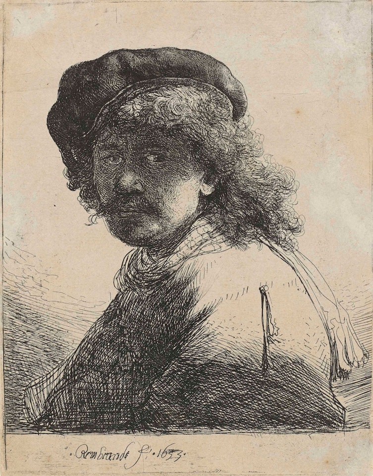Self-Portrait in a Cap and Scarf with the Face dark: Bust by Attributed to Rembrandt Harmensz van Rijn