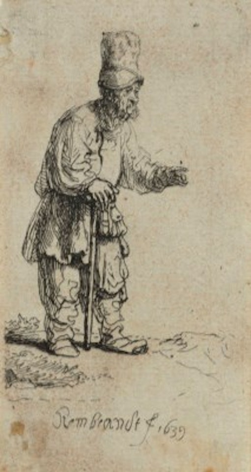 A Peasant in a high Cap, standing leaning on a Stick by Attributed to Rembrandt Harmensz van Rijn