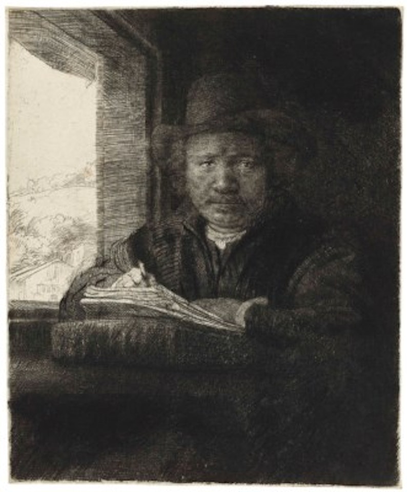Self-Portrait etching at a Window by Attributed to Rembrandt Harmensz van Rijn