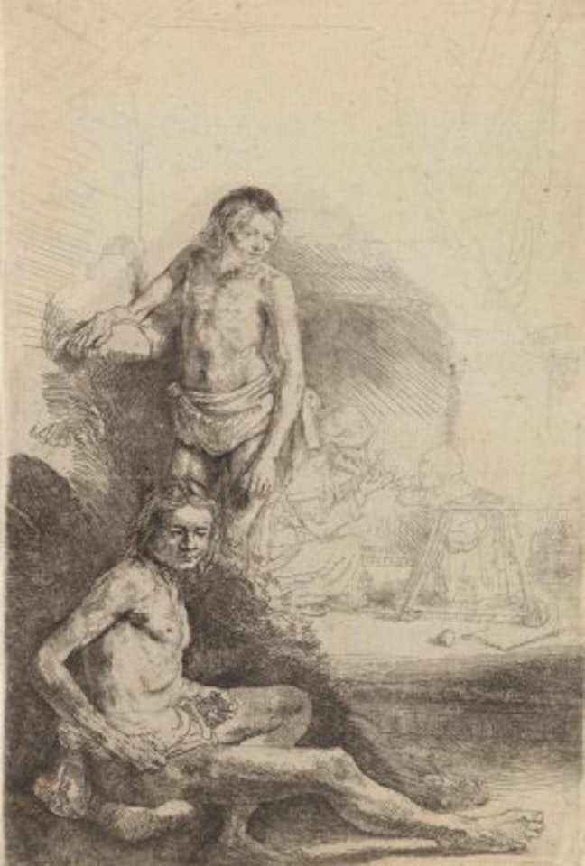 Male Nude, seated and standing ('Het Rolwagentje') by Attributed to Rembrandt Harmensz van Rijn