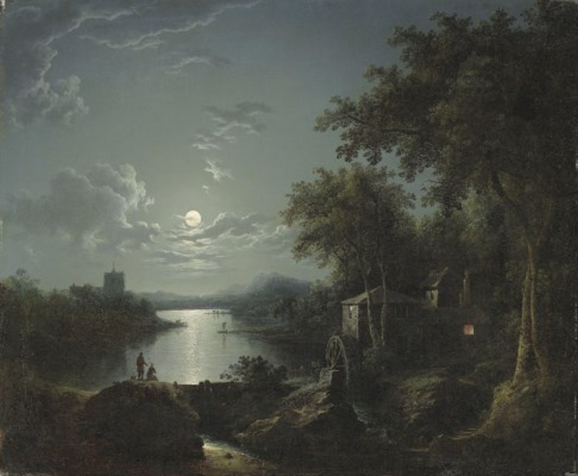 Moonlit fishing on the riverbank by Henry Pether