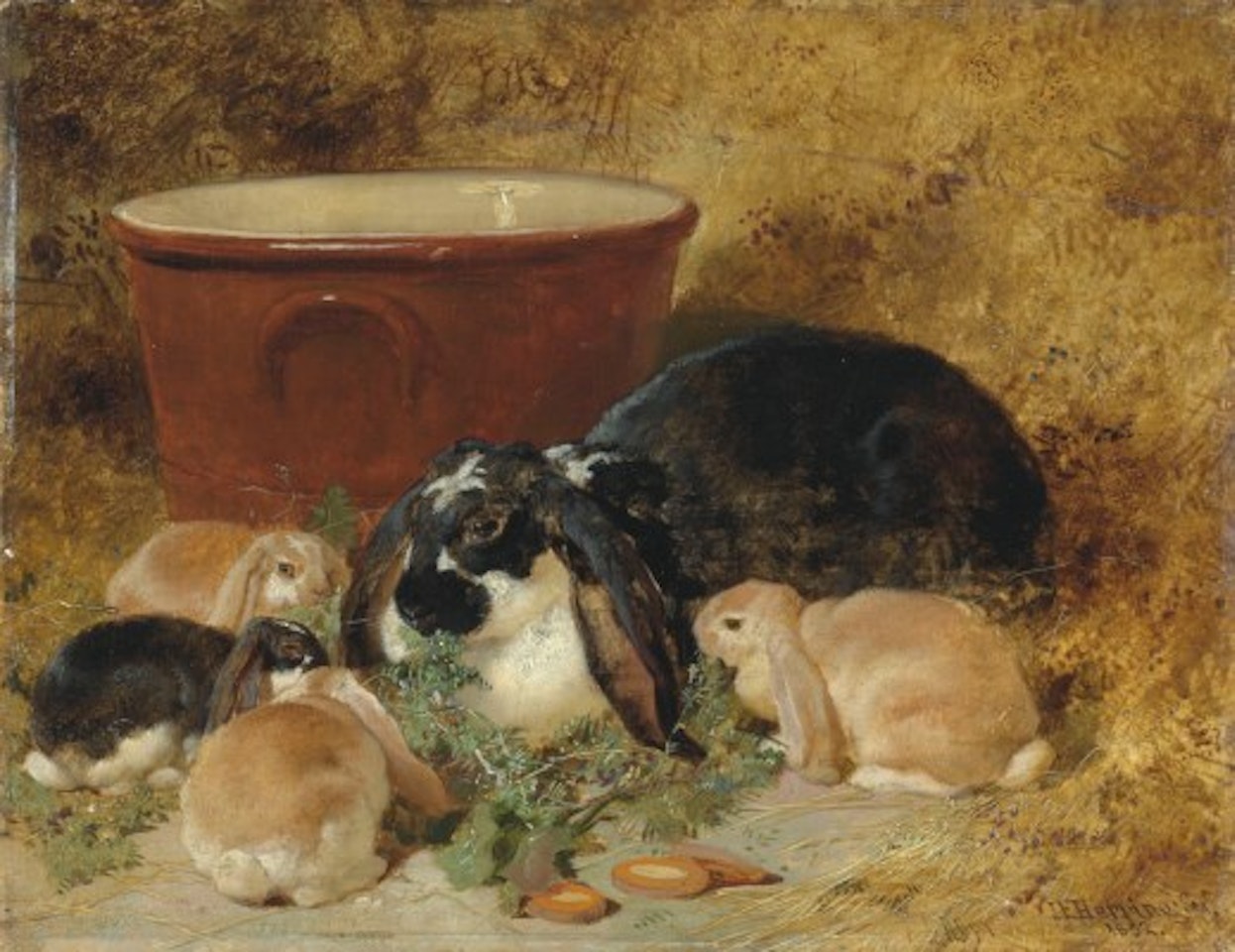A doe rabbit and her kits in an interior by John Frederick Herring