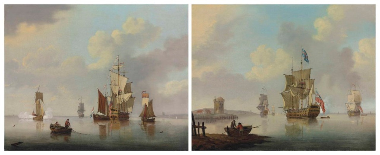 Ships of the Red Squadron at anchor, one firing a salute as she prepares to the leave the anchorage; and An English third-rate of the Red Squadron at anchor off the Low Countries, surrounded by coastal craft and with an Admiralty yacht firing a salute off her stern by Francis Swaine