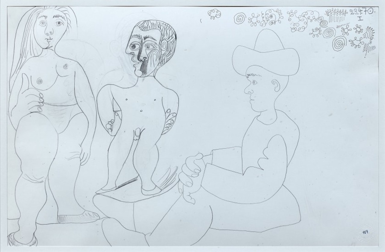 Naked and man sitting with a hat by Pablo Picasso