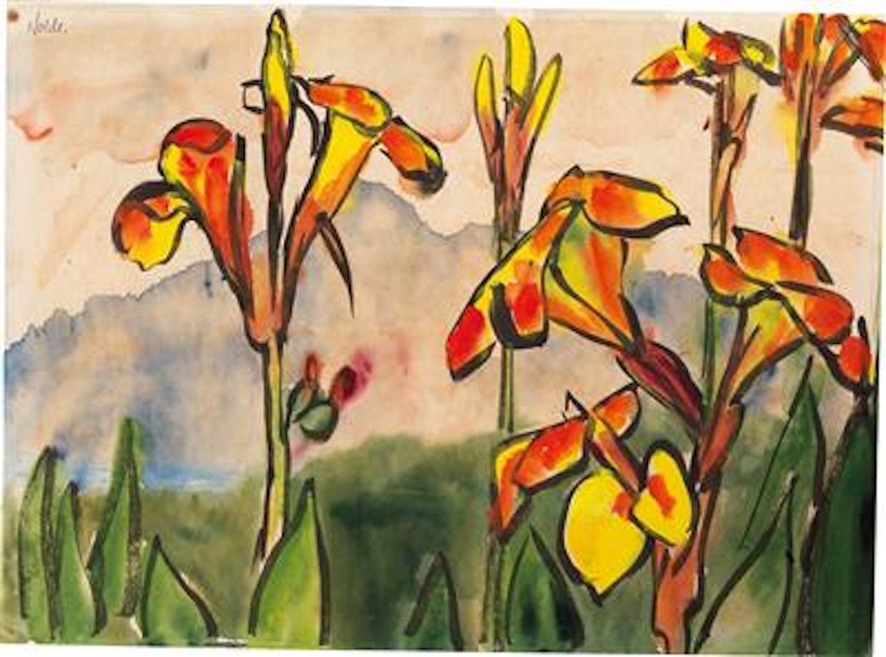 Blooming plants before blue mountains by Emil Nolde