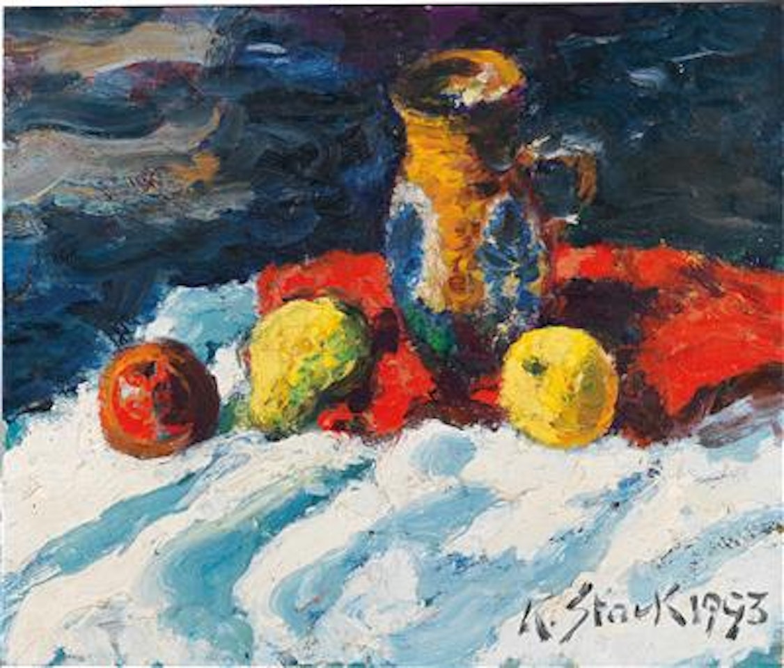 Still life with apples and a jug on a red and white cloth by Karl Stark