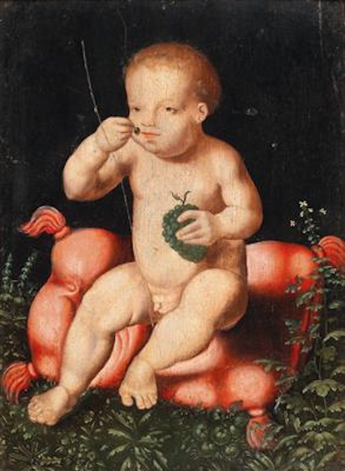 The young Bacchus seated on a cushion eating grapes by Joos van Cleve