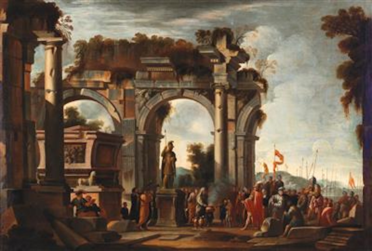 A landscape with ruins and Alexander the Great in front of the Tomb of Achilles by Giovanni Ghisolfi