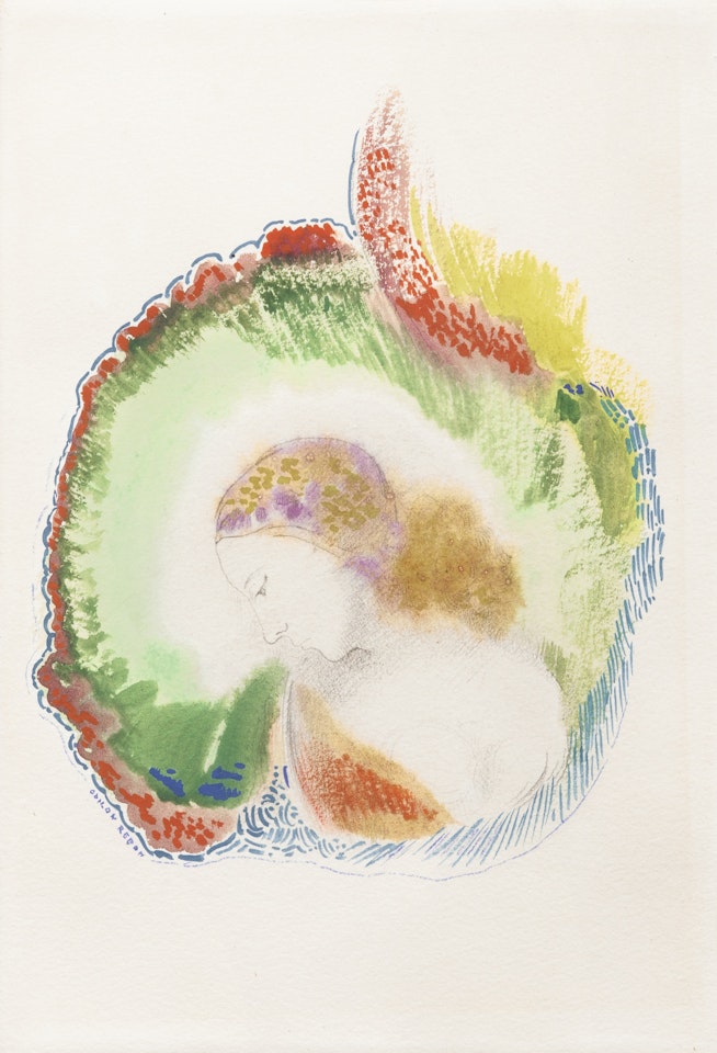 ÈVE À LA POMME DIT AUSSI FEMME DE PROFIL DANS UN COQUILLAGE by Odilon Redon