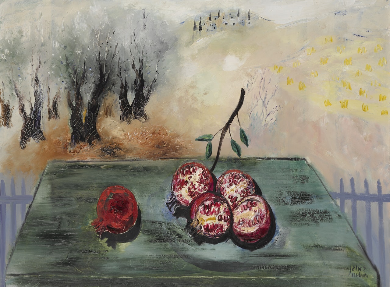 POMEGRANATES ON GREEN TABLE by Reuven Rubin