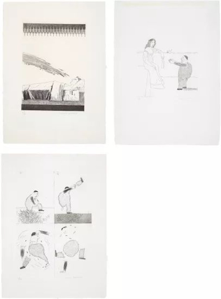 Cold Water about to Hit the Prince; Pleading for the Child; and He Tore Himself in Two, plates 28, 37 and 39 from, Illustrations for Six Fairy Tales from the Brothers Grimm by David Hockney