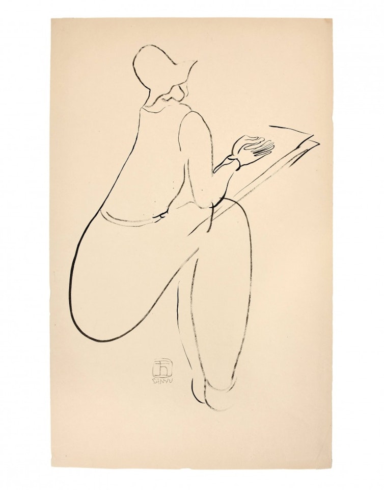 Woman sitting in profile in hat and drawing board by Sanyu