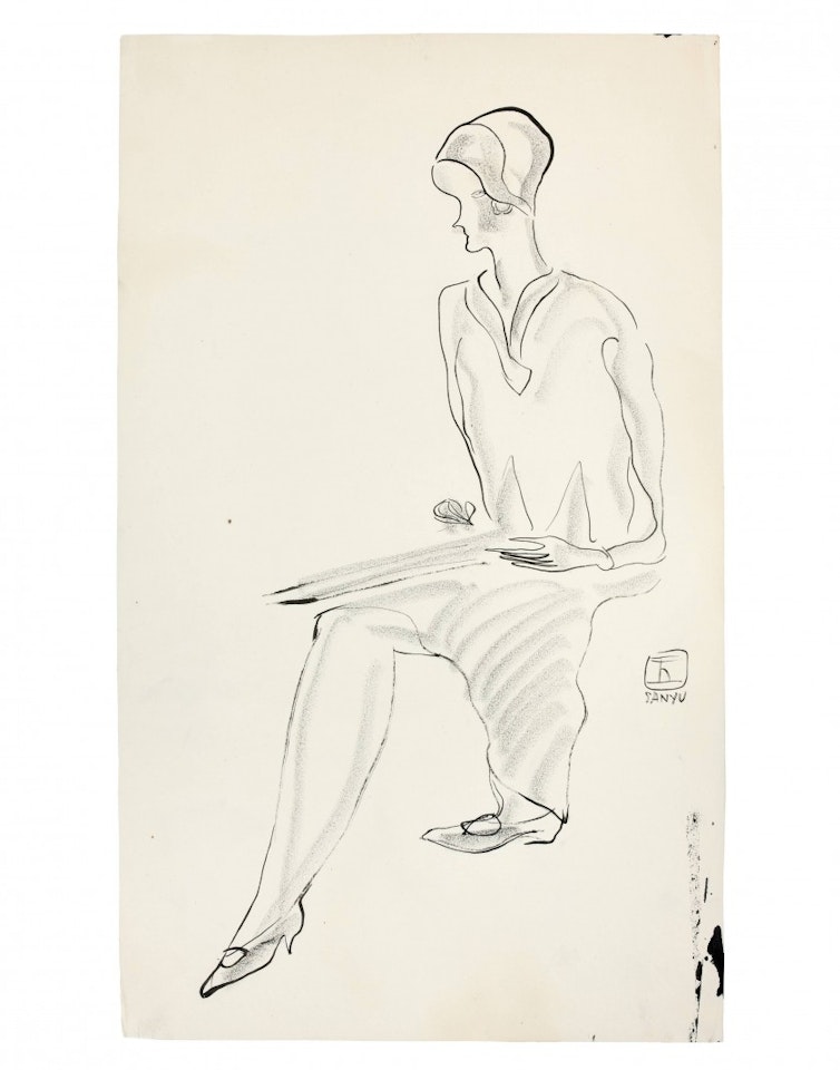 Woman sitting in profile at the drawing board by Sanyu