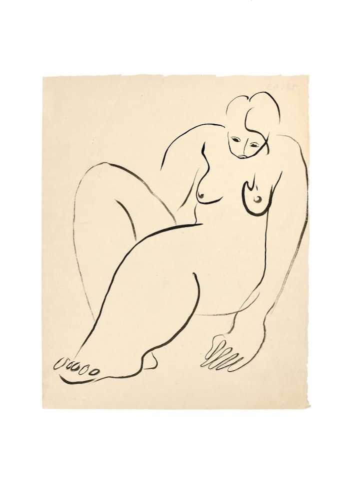 Naked sitting, one knee lifted by Sanyu