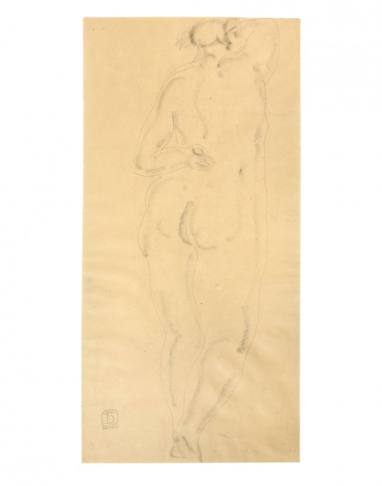 Naked standing back, one arm raised by Sanyu