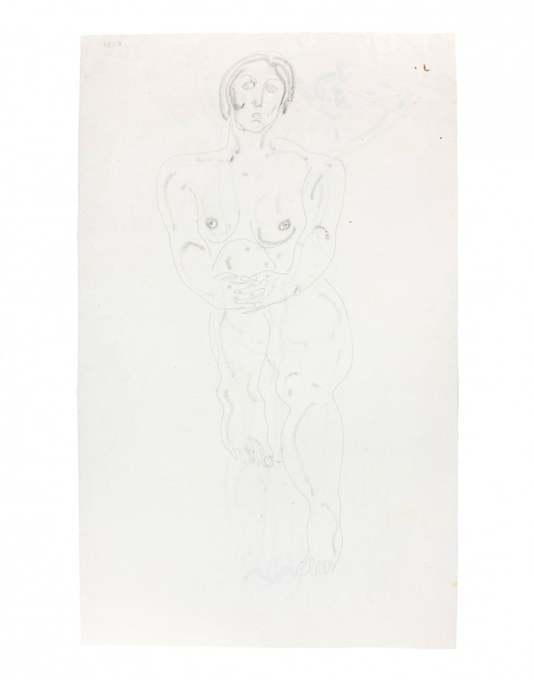 Naked sitting, hands crossed on one knee by Sanyu