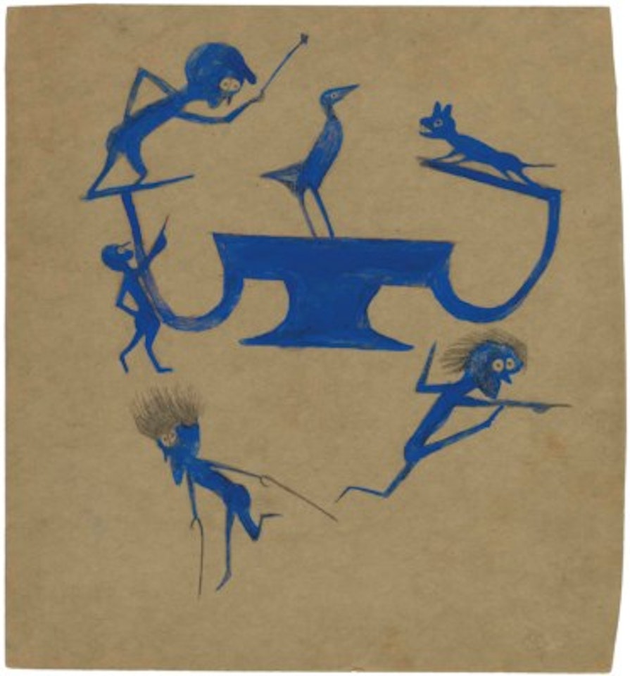 Exciting Event in Blue: Four Wild Men, Barking Dog, Perched Bird and Construction by Bill Traylor