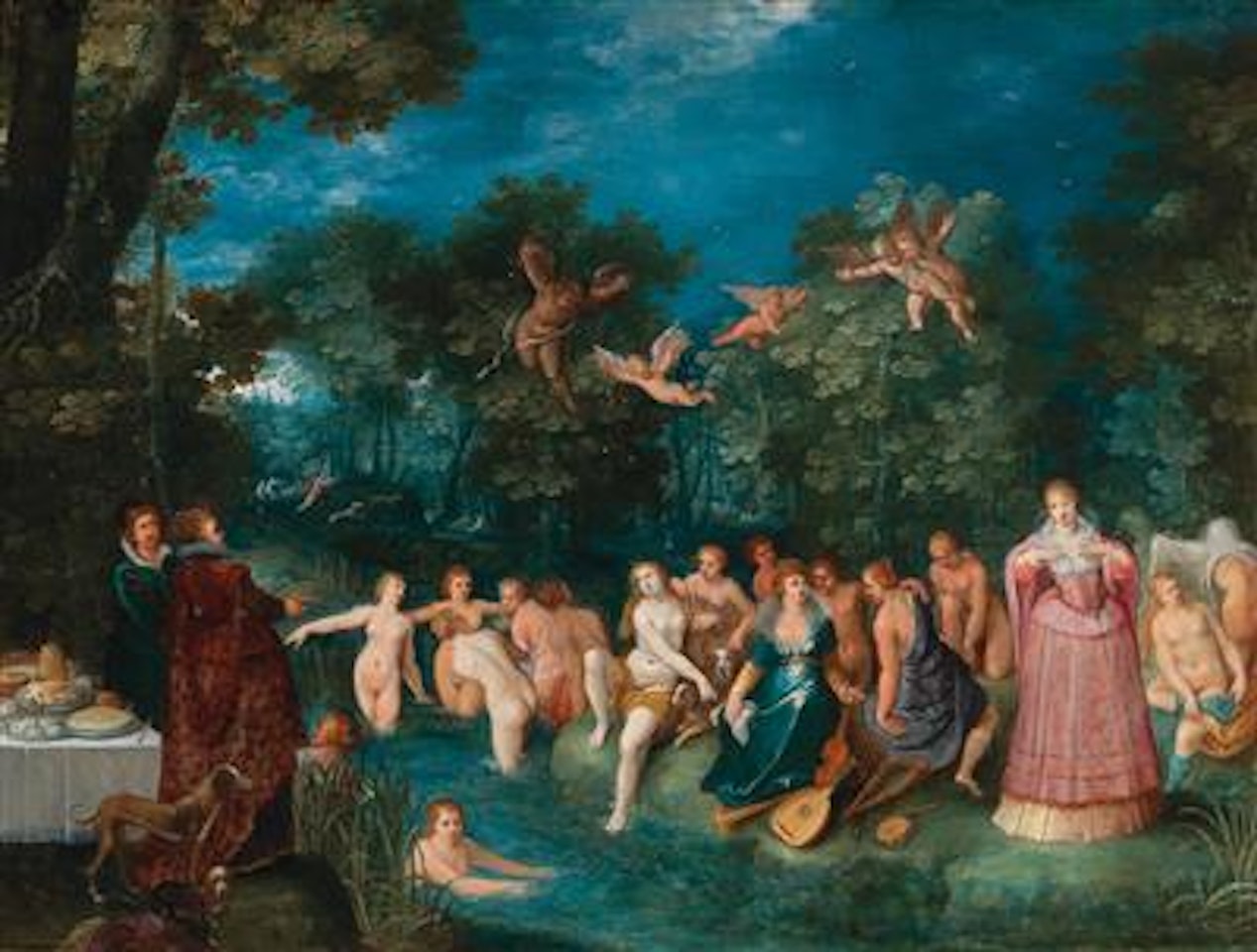 Diana and her nymphs bathing, with a stag hunt in the background by Frans Francken II