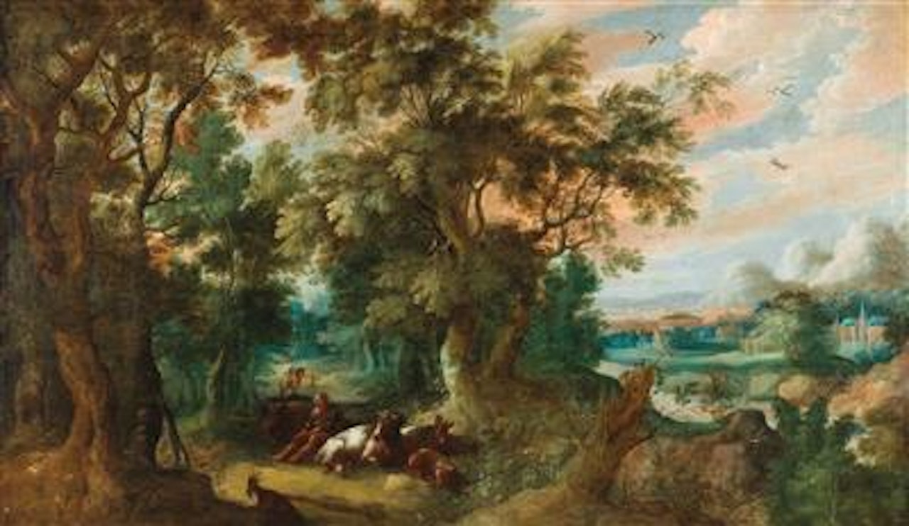 A wooded landscape with shepherds and their flock by Abraham Govaerts