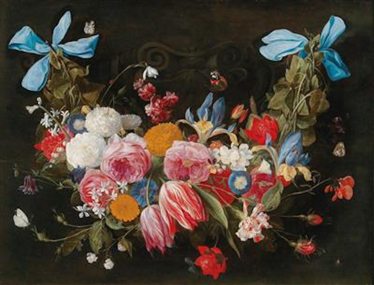 A floral garland held by blue bows by Jan Van Kessel The Elder