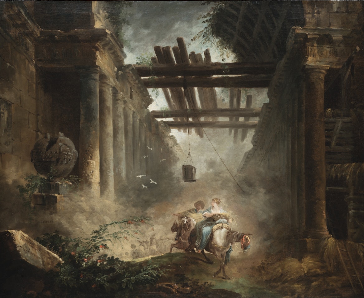 FIGURES ON HORSEBACK DEPARTING A RUINED, VAULTED BUILDING WITH COLONNADES by Hubert Robert
