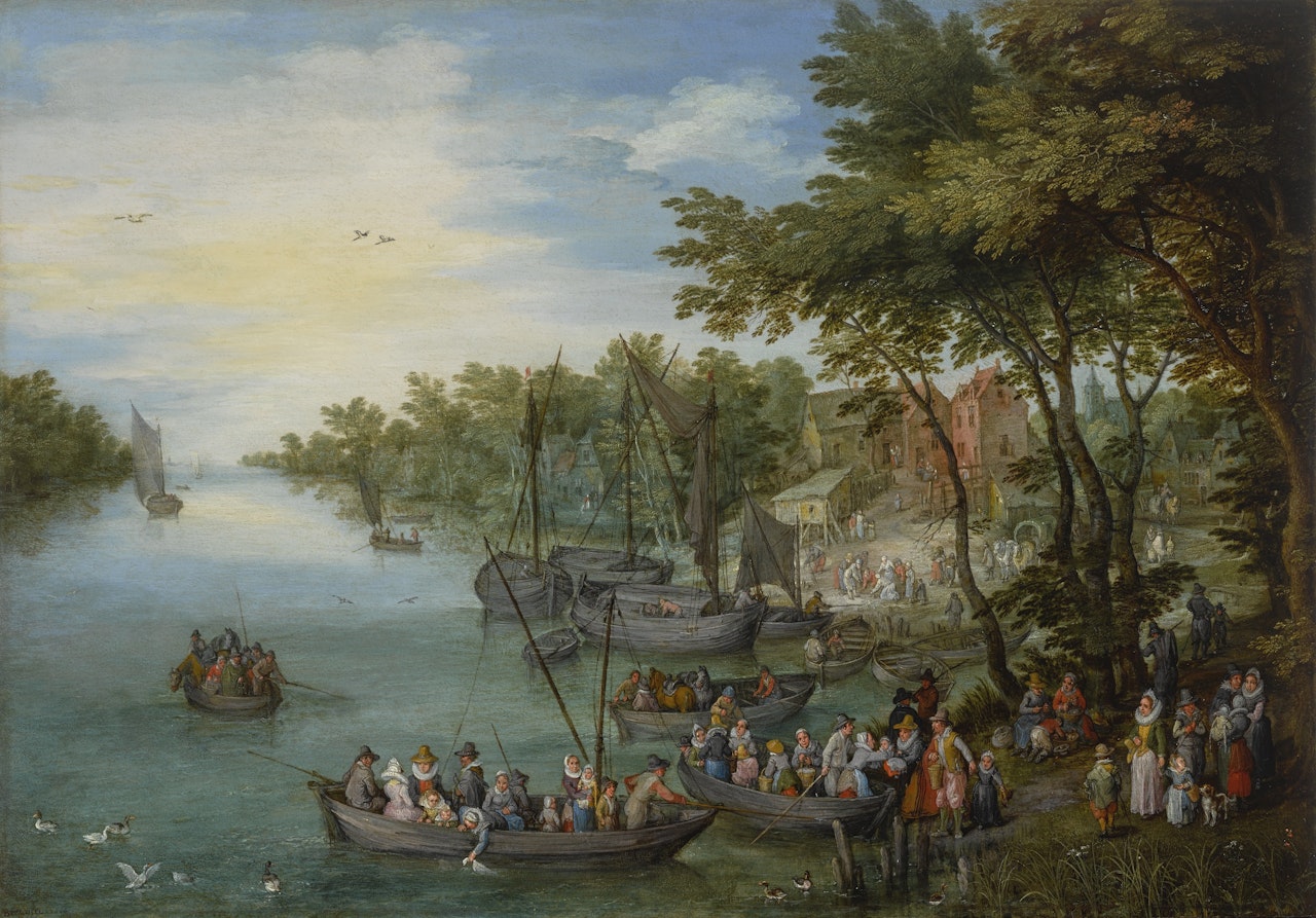 A WOODED RIVER LANDSCAPE WITH A LANDING STAGE, BOATS, VARIOUS FIGURES AND A VILLAGE BEYOND by Jan Brueghel the Younger