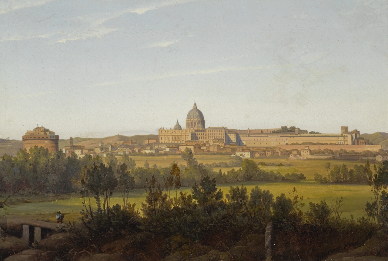 ROME, A VIEW OF ST. PETER'S AND THE CASTEL SANT'ANGELO by Roman School