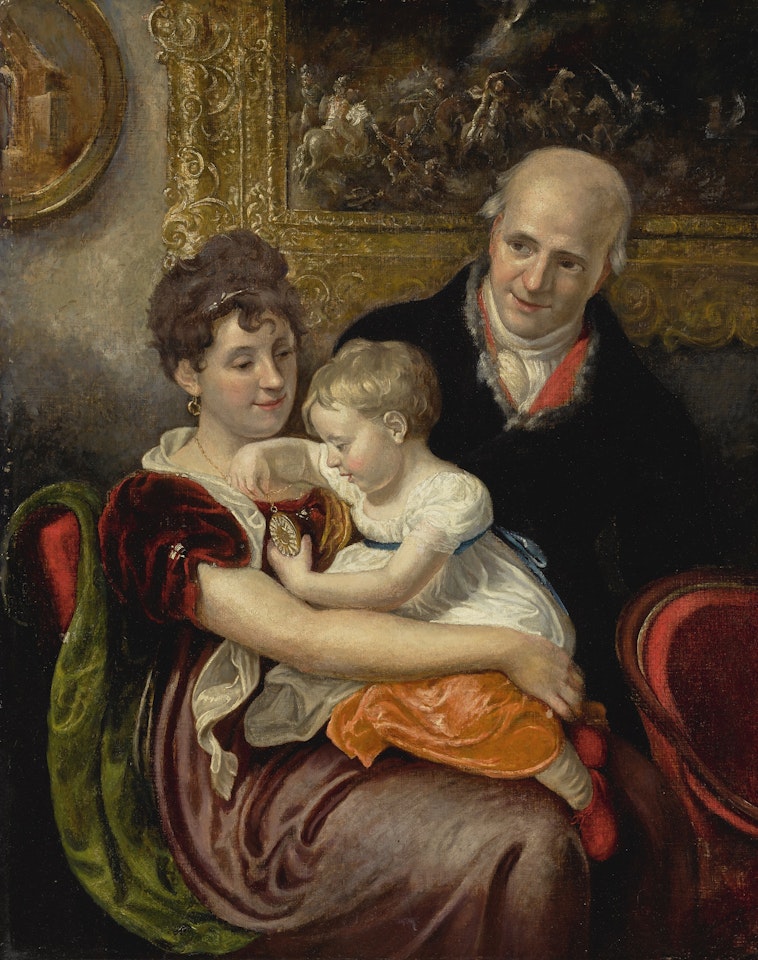 PORTRAIT OF A FAMILY, THREE-QUARTER LENGTH, IN AN INTERIOR SETTING by English School