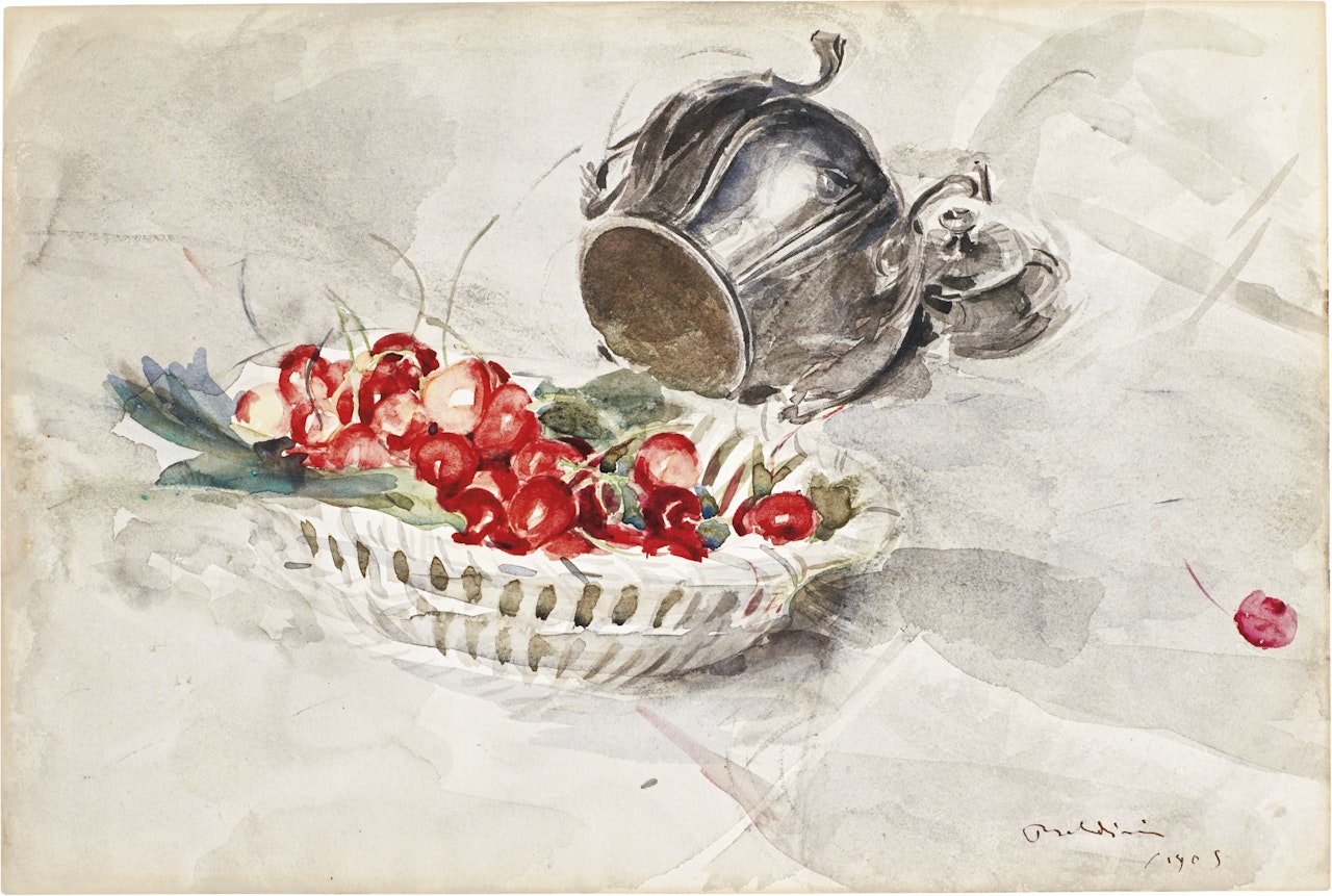 STILL LIFE OF A BASKET OF CHERRIES AND A SILVER SUGAR BOWL by Giovanni Boldini
