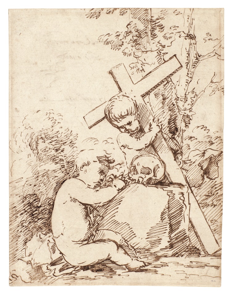 TWO PUTTI IN A WOODED LANDSCAPE, ONE SUPPORTING A CROSS, THE OTHER SEATED BESIDE A SKULL by Salvator Rosa