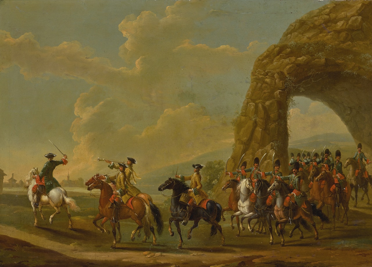 A TROOP OF CAVALRY LED BY TWO MOUNTED TRUMPETERS AND A MOUNTED DRUMMER  by German School