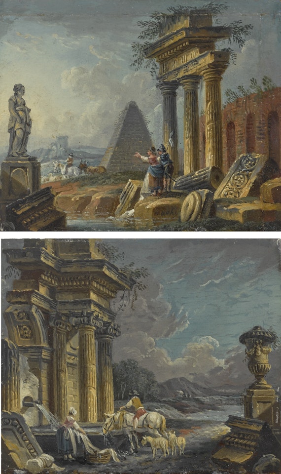 AN ARCHITECTURAL CAPRICCIO WITH A MARBLE SCULPTURE AND FIGURES; AND AN ARCHITECTURAL CAPRICCIO WITH FIGURES RESTING BY THE GENTLE CASCADE OF WATER OVER THE STONE by Pierre Antoine Demachy