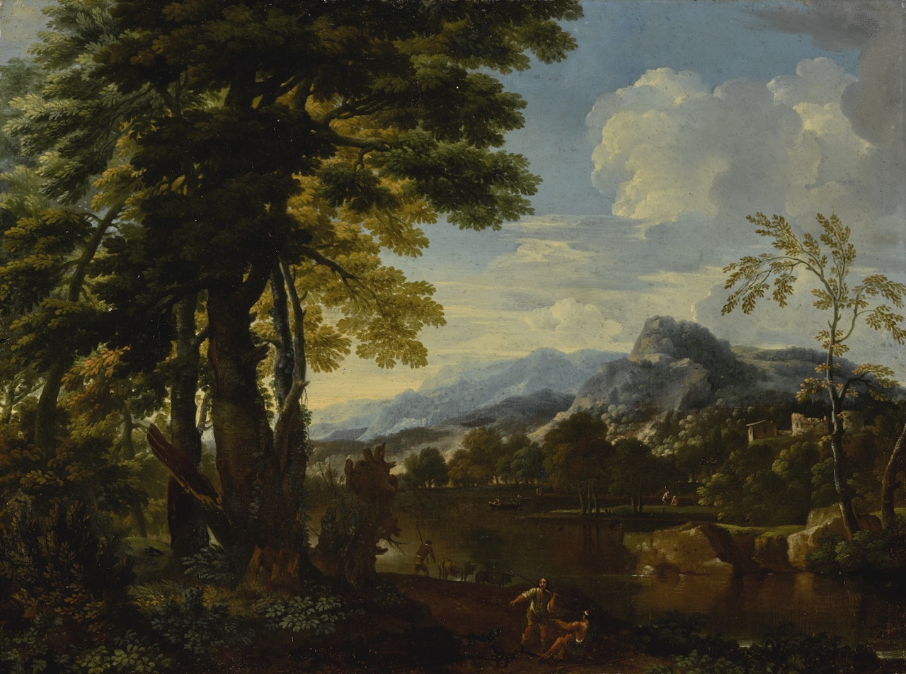 A WOODED RIVER LANDSCAPE WITH FIGURES ALONG THE RIVER BANK AND MOUNTAINS IN THE DISTANCE by BOLOGNESE SCHOOL