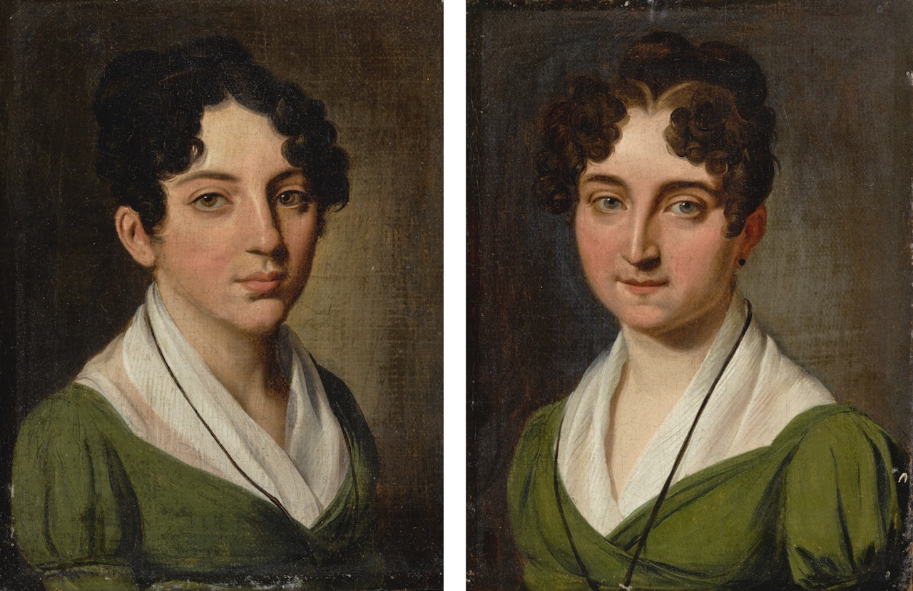PORTRAITS OF TWO YOUNG WOMAN, BUST LENGTH, DRESSED IN GREEN by Louis-Leopold Boilly