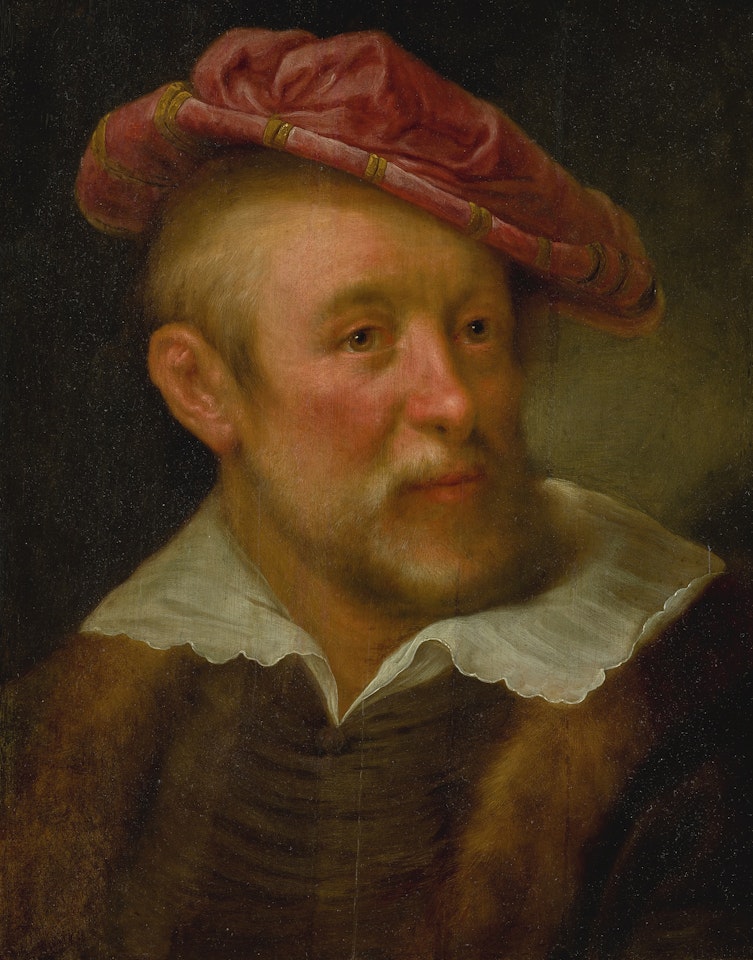 PORTRAIT OF A BEARDED MAN, BUST LENGTH, WEARING A RED HAT by Dutch School