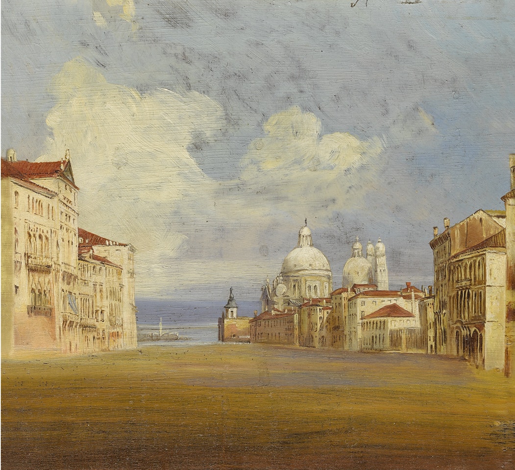 A VIEW OF THE GRAND CANAL LOOKING TOWARDS SANTA MARIA DELLA SALUTE AND THE PUNTA DELLA DOGANA, VENICE by Venetian School