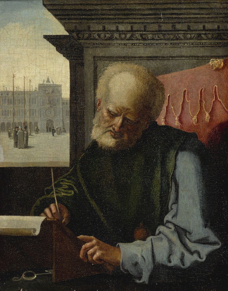 SAINT MARK IN AN INTERIOR SETTING WITH THE CLOCK TOWER OF VENICE SEEN THROUGH THE WINDOW by Netherlandish School