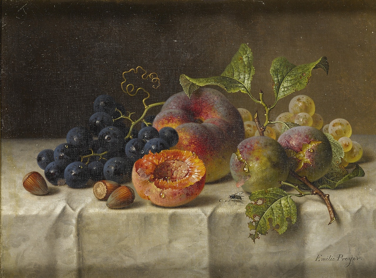 STILL LIFE WITH PEACHES AND GRAPES ON A TABLE , Emilie Preyer