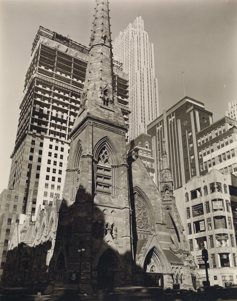 Rockefeller Center: Collegiate Church Of St. Nicholas In The Foreground by Berenice Abbott