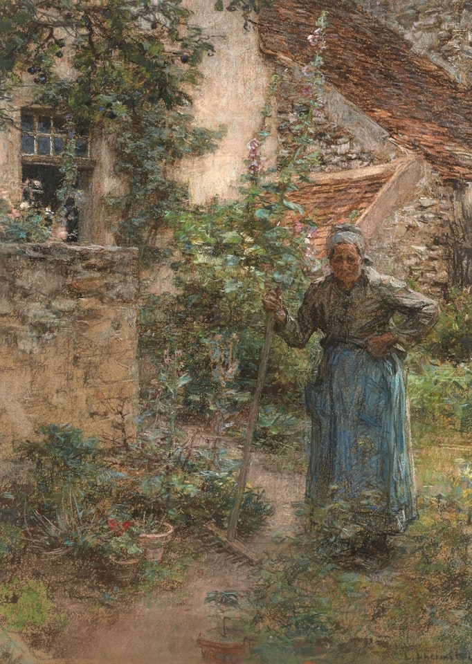 Old woman in her garden, Marie Drux leaning on her rake by Léon Augustin Lhermitte