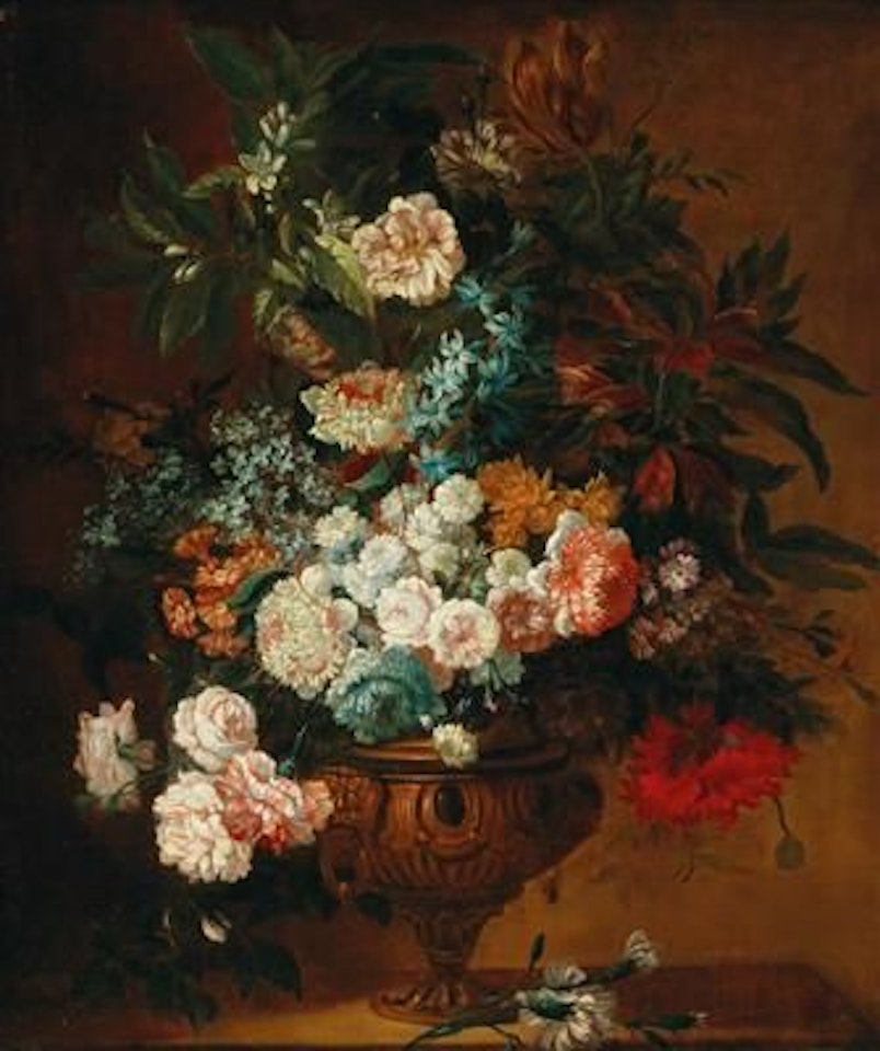 A still life of summer flowers in a bronze urn by Jean Baptiste Monnoyer