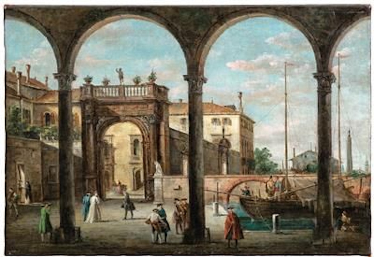A capriccio with palace by a canal; and A capriccio with church and house on the lagoon by Giuseppe Bernardino Bison